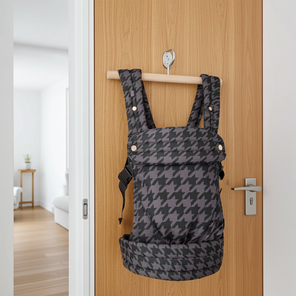 Houndstooth patterned baby carrier hanging on a wooden door.