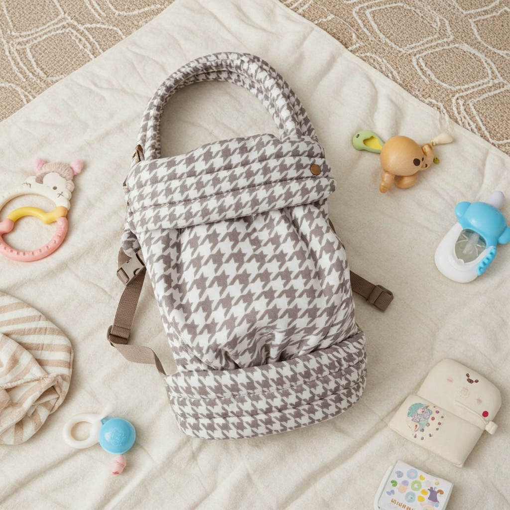 Patterned baby carrier on a blanket with toys around