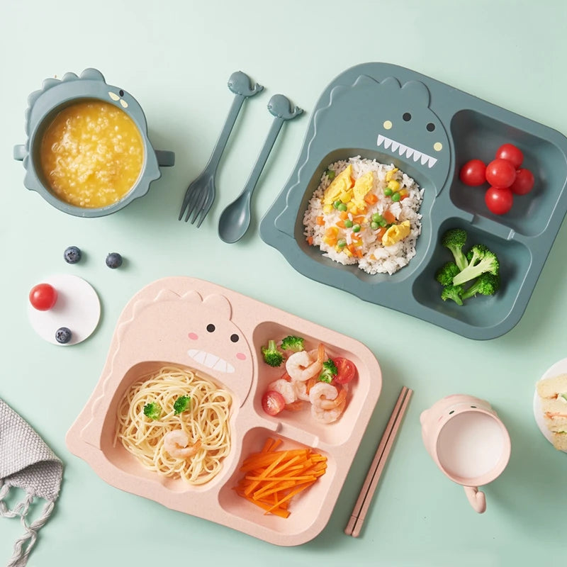 Baby Dinosaur Tableware 6PCS – Kids Dinner Plate, Bamboo Fiber Bowl, Cup, Spoon, and Fork – Drop-Resistant Feeding Dishes for Babies and Toddlers