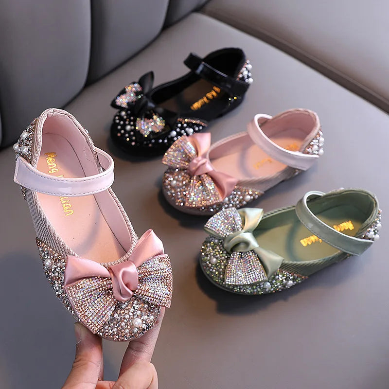 Girls Rhinestone Bow Leather Shoes – Party, Dance & School Flats