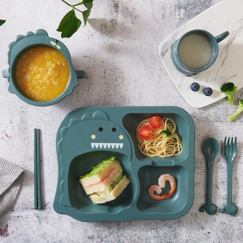Baby Dinosaur Tableware 6PCS – Kids Dinner Plate, Bamboo Fiber Bowl, Cup, Spoon, and Fork – Drop-Resistant Feeding Dishes for Babies and Toddlers