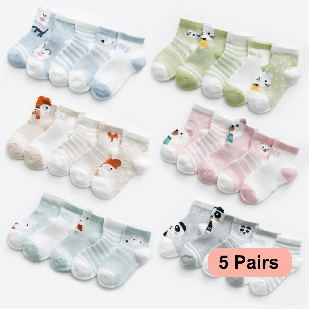 5 Pairs Cotton Baby Socks – Breathable Mesh for 0–2 Years | Unisex & Cartoon Designs