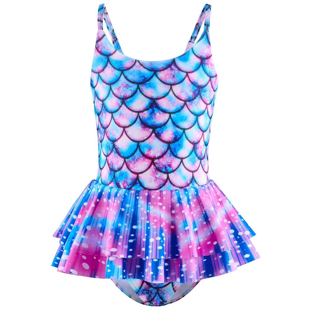Colorful mermaid scale swimsuit with a skirt on a white background