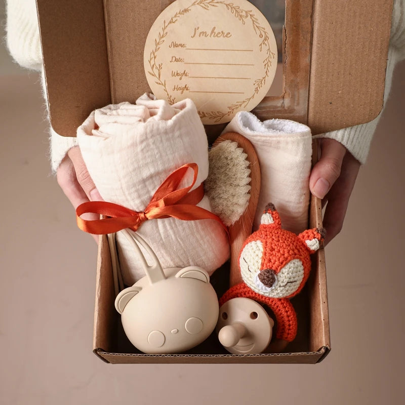 Baby Bath Set with Pacifier, Milestone Cards, Wooden Rattle & Towel | Perfect Newborn Gift