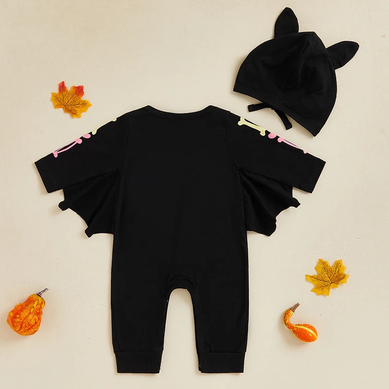 Baby Girl Halloween Bat Costume Romper Set – Long Sleeve Cosplay Jumpsuit with Big Ear Hat 0-18M