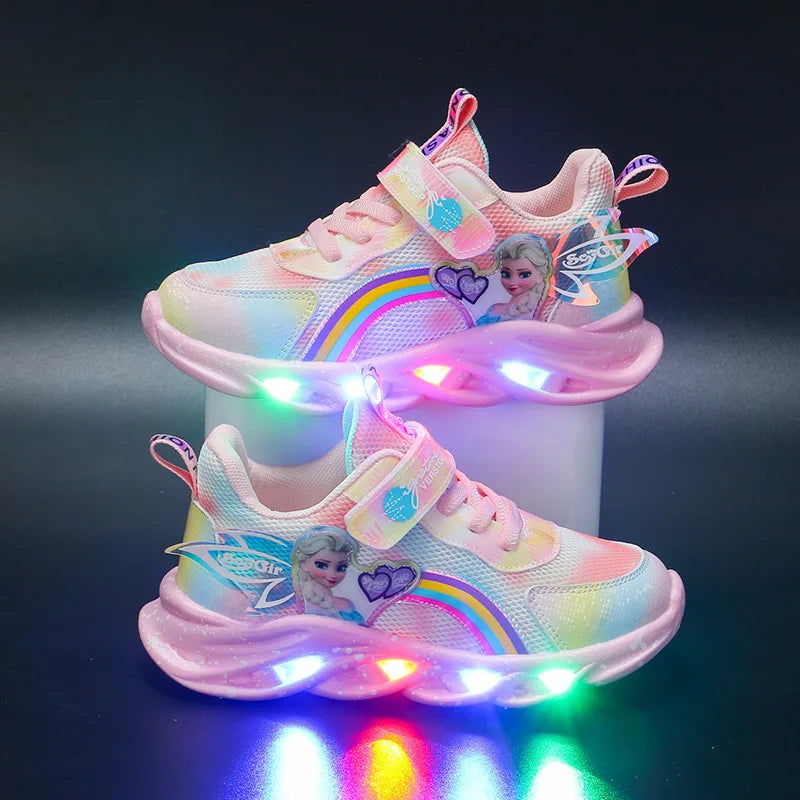 Princess Girls LED Light-Up Sneakers – Pink & Purple Breathable Mesh Sport shoes