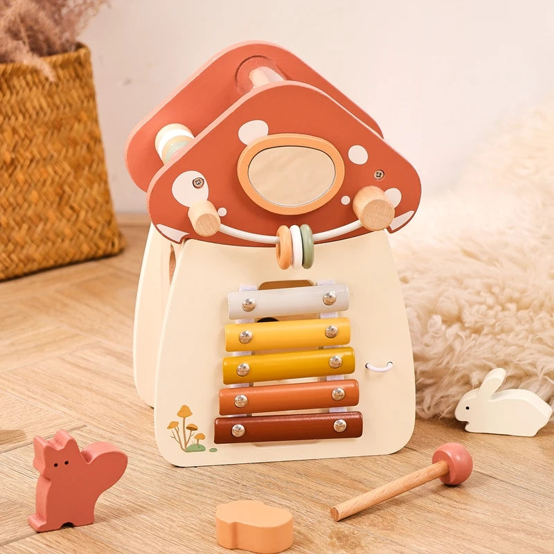 Montessori Wooden Five-in-One Mushroom Castle Puzzle Toy – Early Childhood Stacking Game