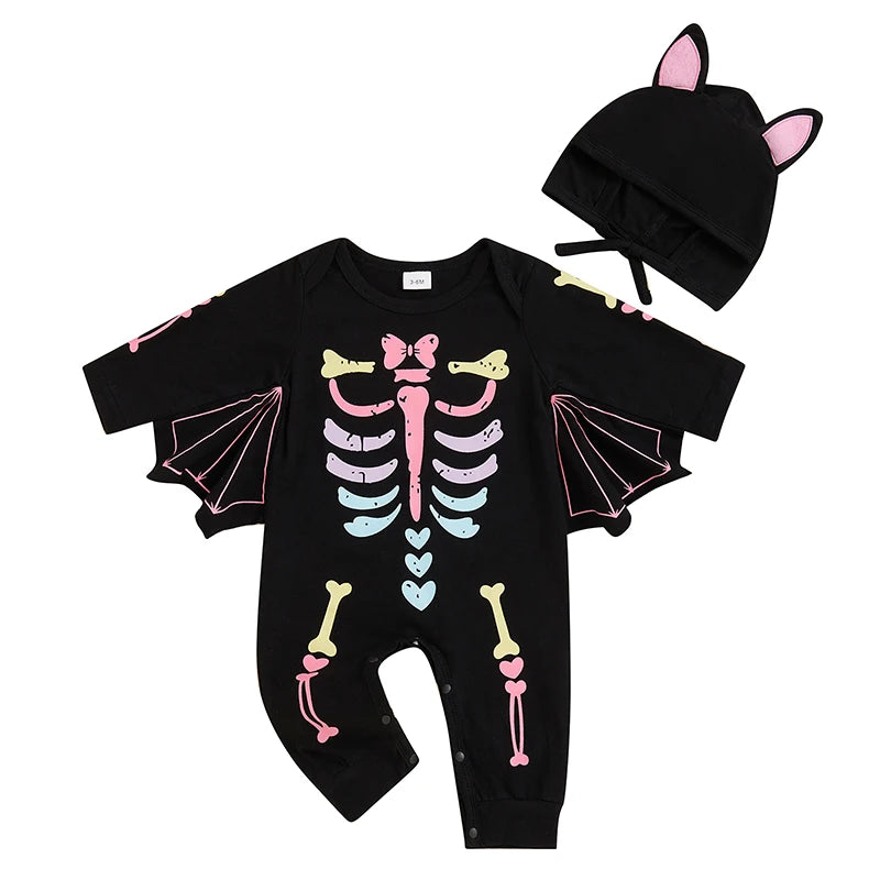 Baby Girl Halloween Bat Costume Romper Set – Long Sleeve Cosplay Jumpsuit with Big Ear Hat 0-18M