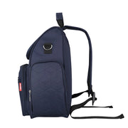 Navy blue backpack with geometric pattern on a white background, featuring the brand 'insular'.
