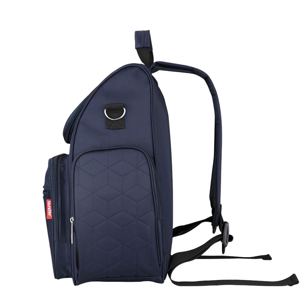 Navy blue backpack with geometric pattern on a white background, featuring the brand 'insular'.