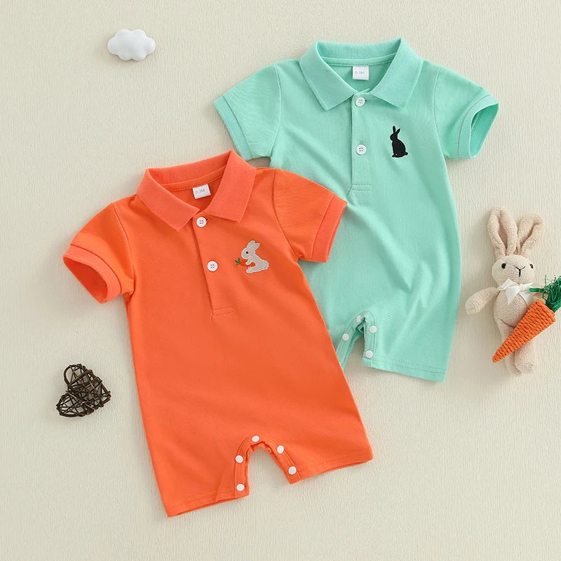 Baby Boy Short Sleeve Romper – Bunny Embroidered (0-18 Months)