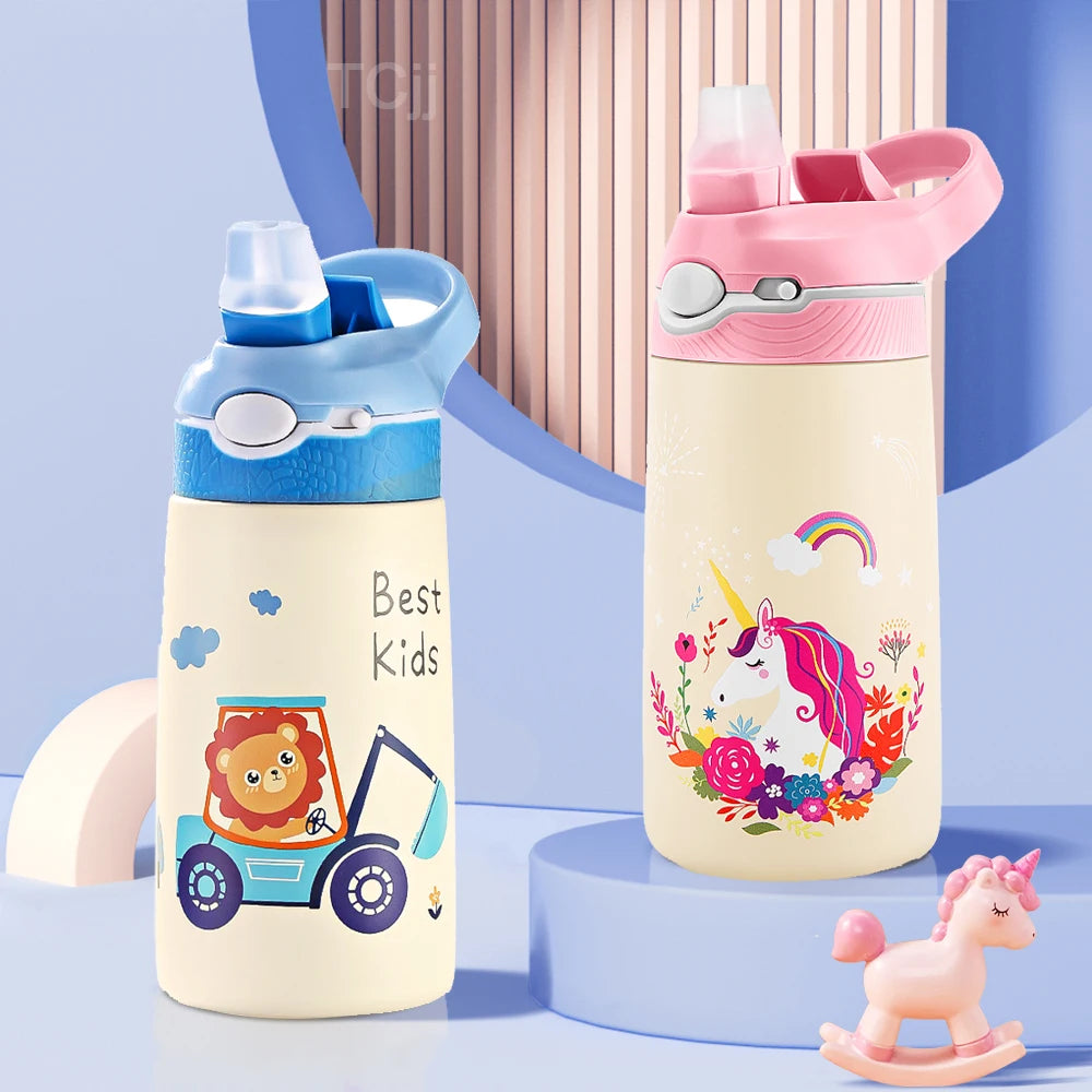 400ML Kids Water Bottle – BPA-Free Cartoon Animal Stainless Steel Thermos with Straw 🐻🎒