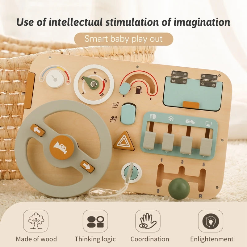 Montessori Wooden Car Steering Wheel & Busy Board – Early Learning Sensory Toy