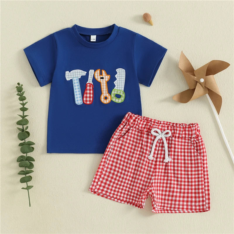 Baby Boys Summer Outfit – Tool Embroidery T-Shirt & Plaid Shorts 2-Piece Set