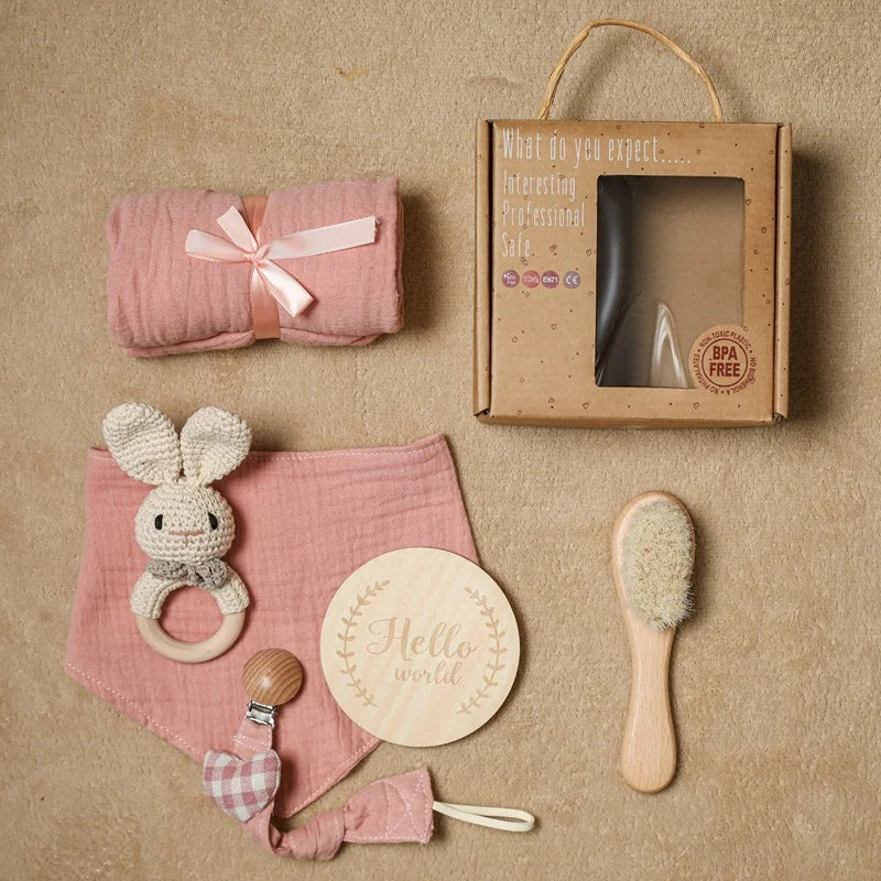 Baby Towel Bath Set Gift Box | Cotton Blankets, Newborn Milestone Cards, Wooden Ring Rabbit Rattle, Infant Brush | Perfect Birth Gift for Newborns