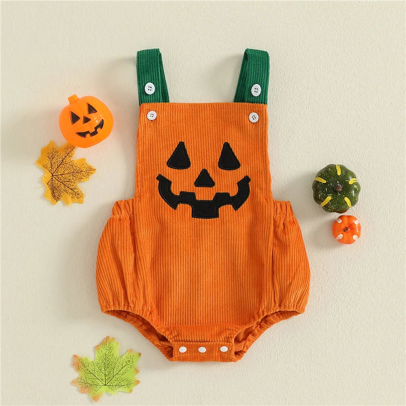 Halloween Romper – Pumpkin Face Sleeveless Overalls Jumpsuit for Newborn Toddler Boys & Girls 0-18M