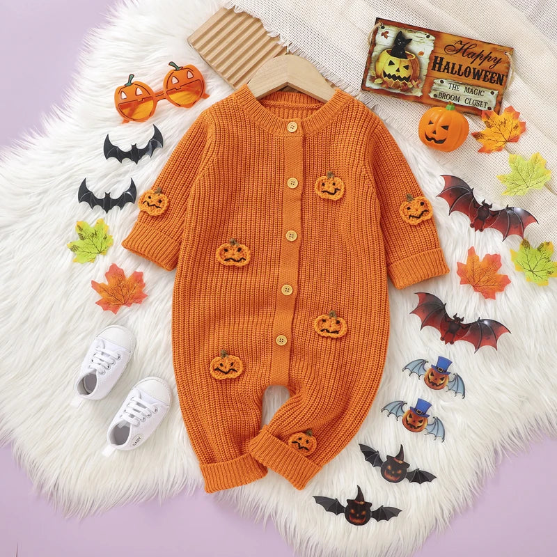 Baby Halloween Romper – Long Sleeve Pumpkin Embroidery Jumpsuit for Boys & Girls 0-18M