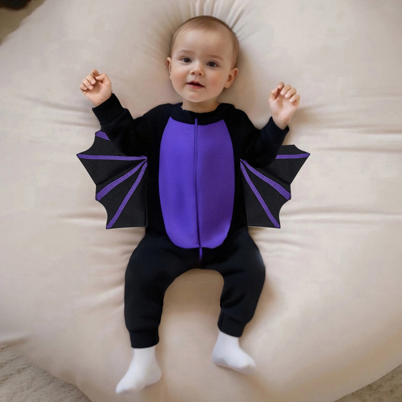 Baby Bat Halloween Costume Romper – Plush Wing & Ear Hooded Zip-Front Long Sleeve 3-24M