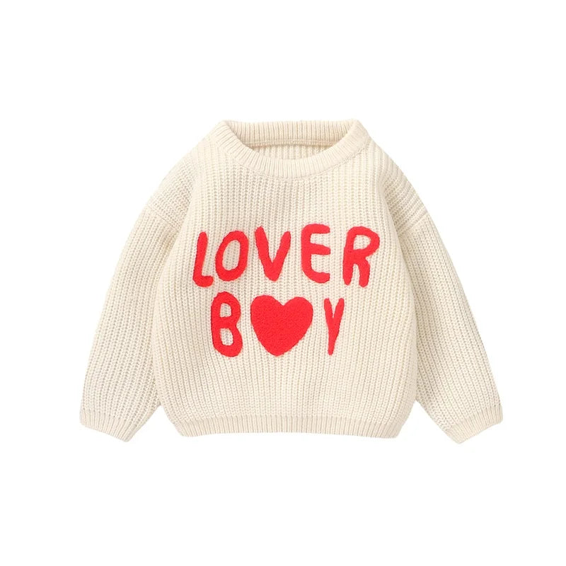 Baby Boy Sweater – Long Sleeve Knit Pullover with Heart & Letter Embroidery