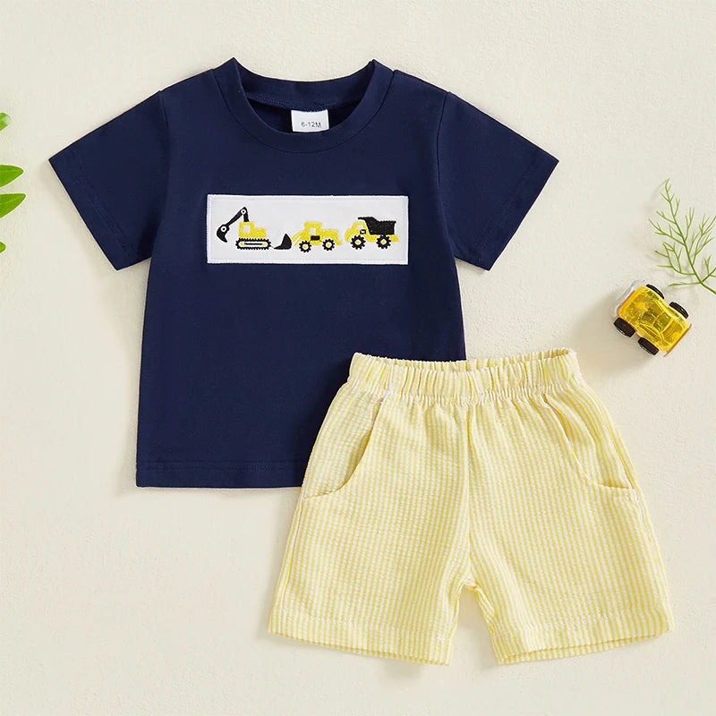 Toddler Baby Boy Outfit Set | Tractor Embroidery T-shirt + Striped Shorts 2Pcs (0–3Y)