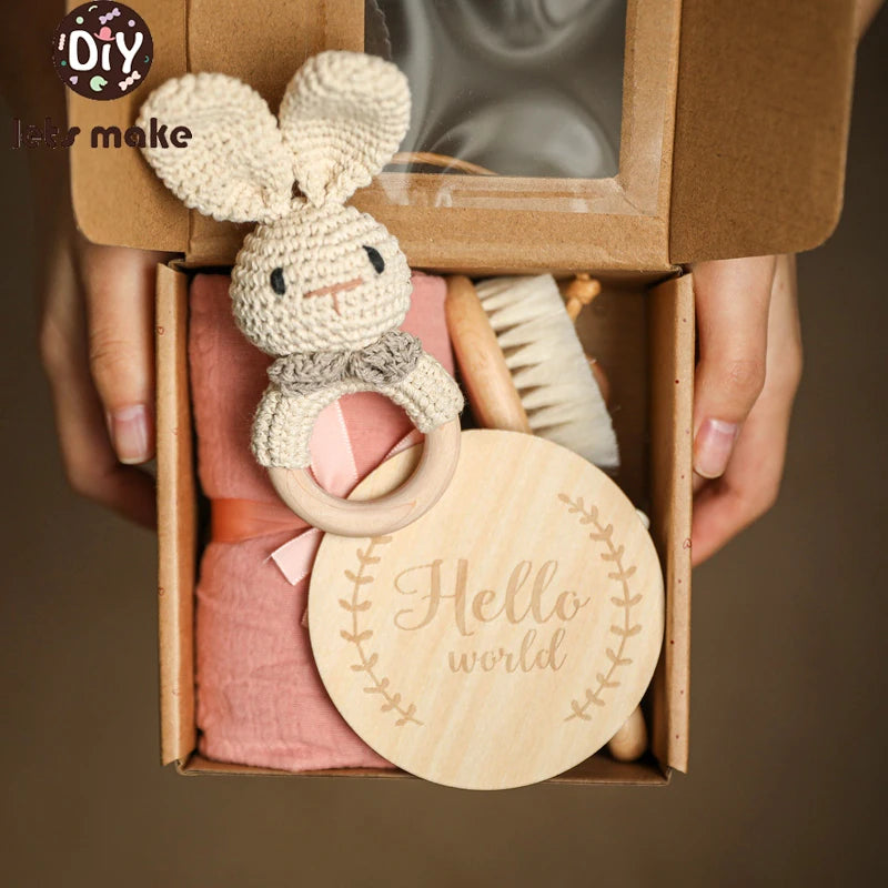 Baby Towel Bath Set Gift Box | Cotton Blankets, Newborn Milestone Cards, Wooden Ring Rabbit Rattle, Infant Brush | Perfect Birth Gift for Newborns