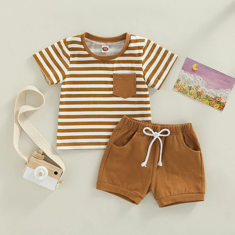 Toddler Baby Boy Outfit | Striped Short Sleeve T-Shirt + Elastic Waist Shorts 2Pcs Set (0–3Y)
