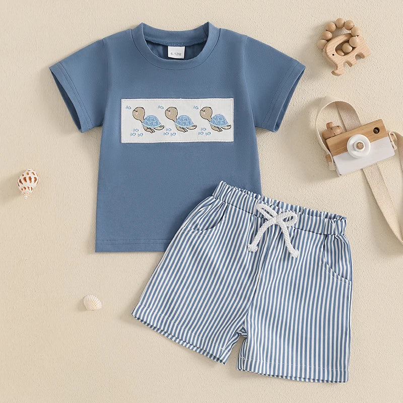 Toddler Boy Outfit Set | Whale, Dinosaur, Turtle T-shirt + Striped Shorts 2-Piece (0–3Y)