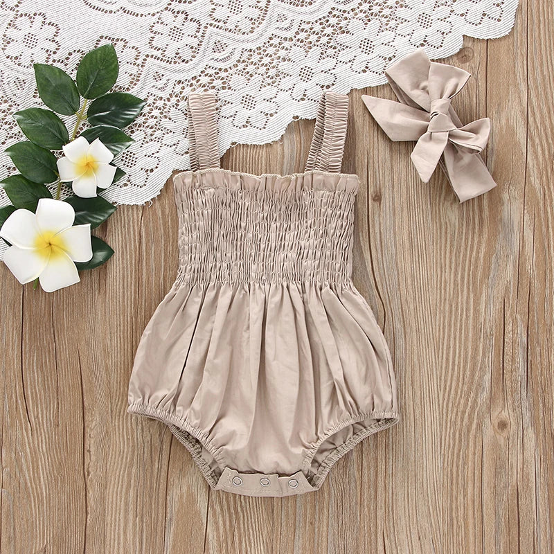 Infant Baby Girl Romper Outfit – Ruched Sleeveless Summer Bodysuit with Headband | Soft Cotton Newborn Jumpsuit