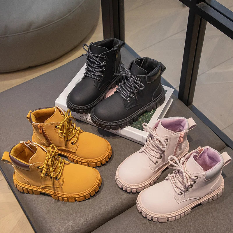 Trendy Kids Short Boots – Waterproof PU Leather, Non-Slip British Style Side Zipper Boots for Boys & Girls
