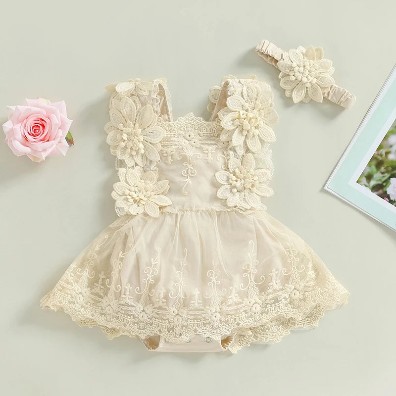 Infant Baby Girl Dress – Floral Lace Sleeveless Summer Dress with Headband for 0–18 Months