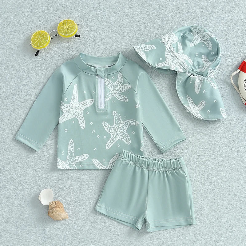 Boys 3-Piece Rash Guard Swimsuit Set – Starfish Print with Long Sleeve Top, Shorts & Swim Hat (3M–5Y)
