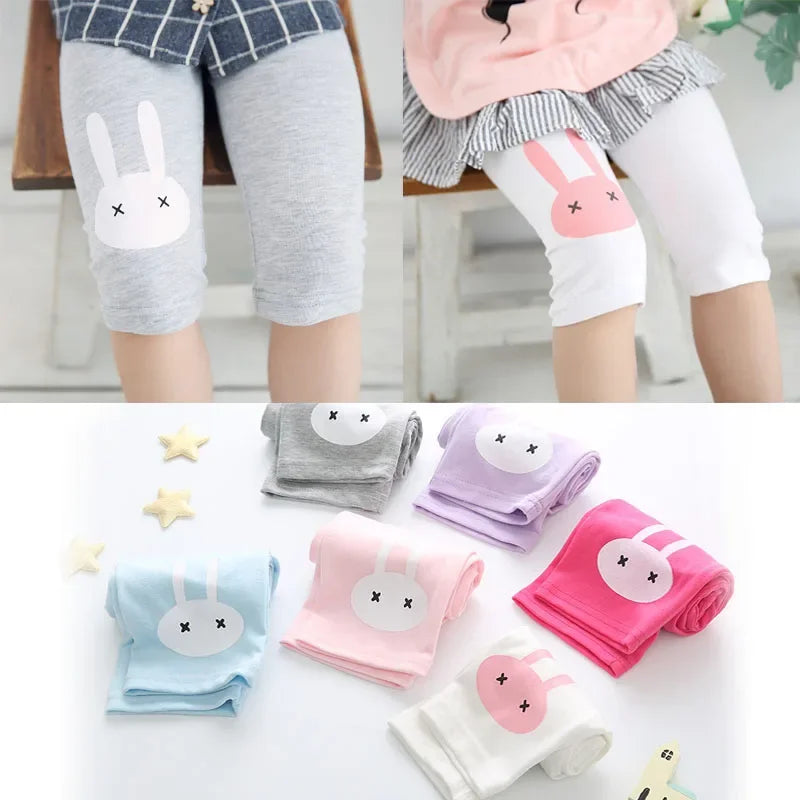 Girls Summer Leggings – Soft Cotton Knee-Length Rabbit Print Capris in Candy Colors