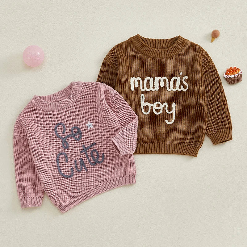 Toddler Knit Sweater – Long Sleeve O-Neck Pullover with Letter Embroidery