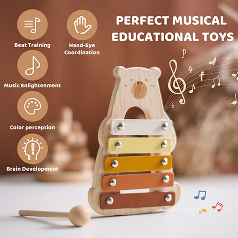 Wooden Bear Shape Xylophone – Multifunctional Musical Percussion Montessori Toy