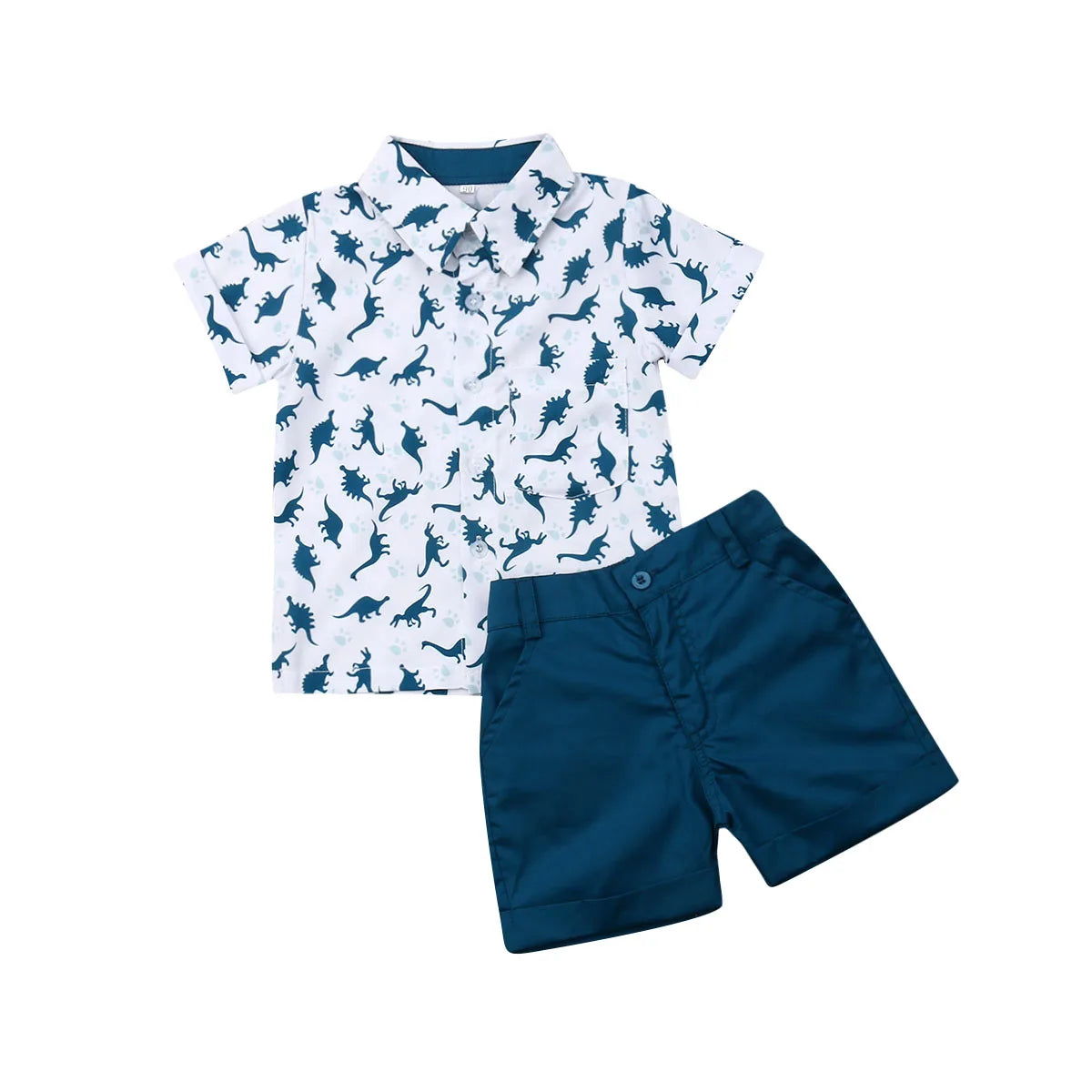 Children's outfit with dinosaur-patterned shirt and navy shorts on a white background
