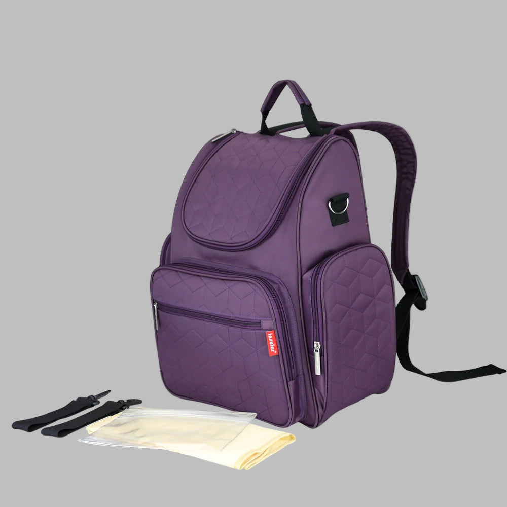Purple backpack with accessories on a white background, featuring the brand 'insular'.