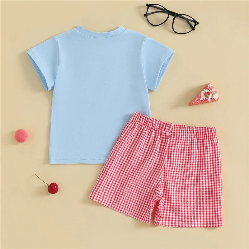 Toddler Baby Boy Back to School Outfit | Apple Embroidery T-Shirt + Plaid Shorts 2Pcs Set (18M–6Y)