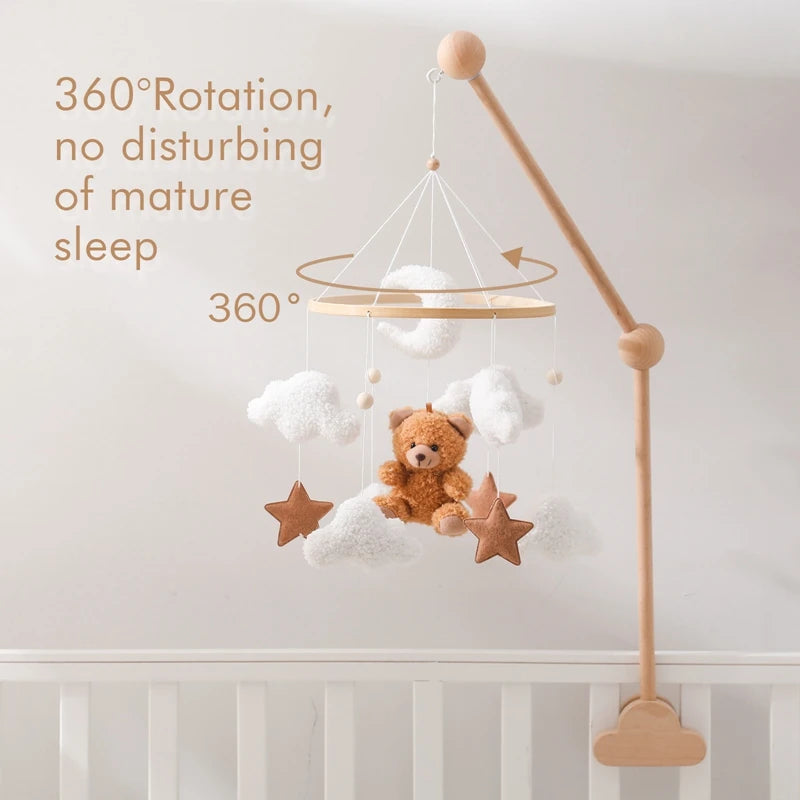 Wooden Crib Mobile Baby Bed Bell Rattle Toy – Soft Felt Cartoon Bear Music Box for Newborns
