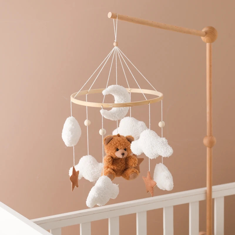 Wooden Crib Mobile Baby Bed Bell Rattle Toy – Soft Felt Cartoon Bear Music Box for Newborns