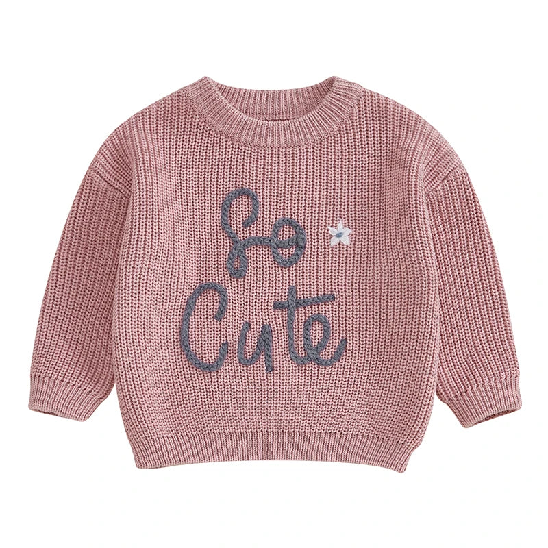 Toddler Knit Sweater – Long Sleeve O-Neck Pullover with Letter Embroidery
