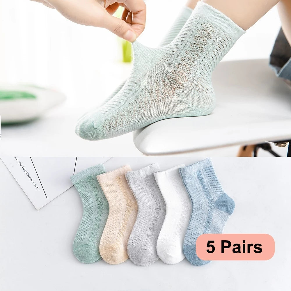 5 Pairs/Pack – Kids Summer Mesh Cotton Socks (0–12Y) – Breathable, Soft & Stretchy