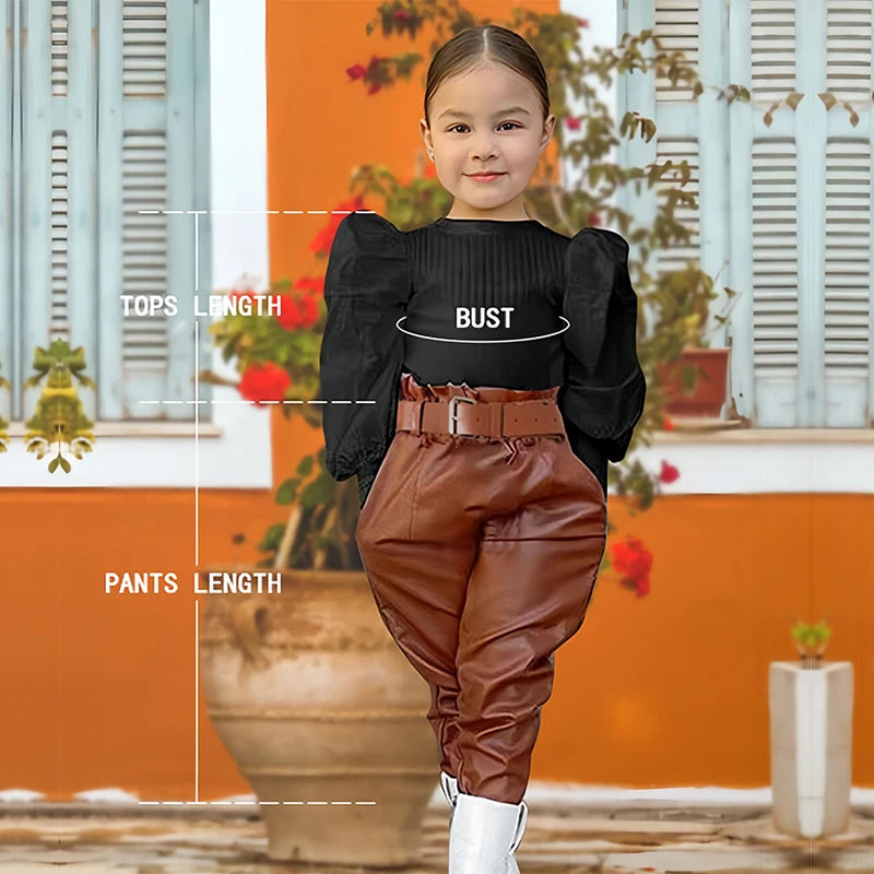 Kids Girls 2-Piece Clothing Set – Long Puff Sleeve Ribbed Top + PU Leather Pants with Belt | Fashionable Outfit for 1–6 Years