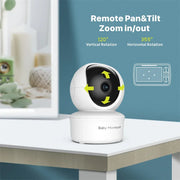 White baby monitor with pan, tilt, and zoom features on a table against a blue wall.