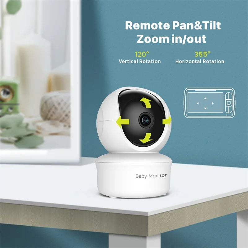 White baby monitor with pan, tilt, and zoom features on a table against a blue wall.