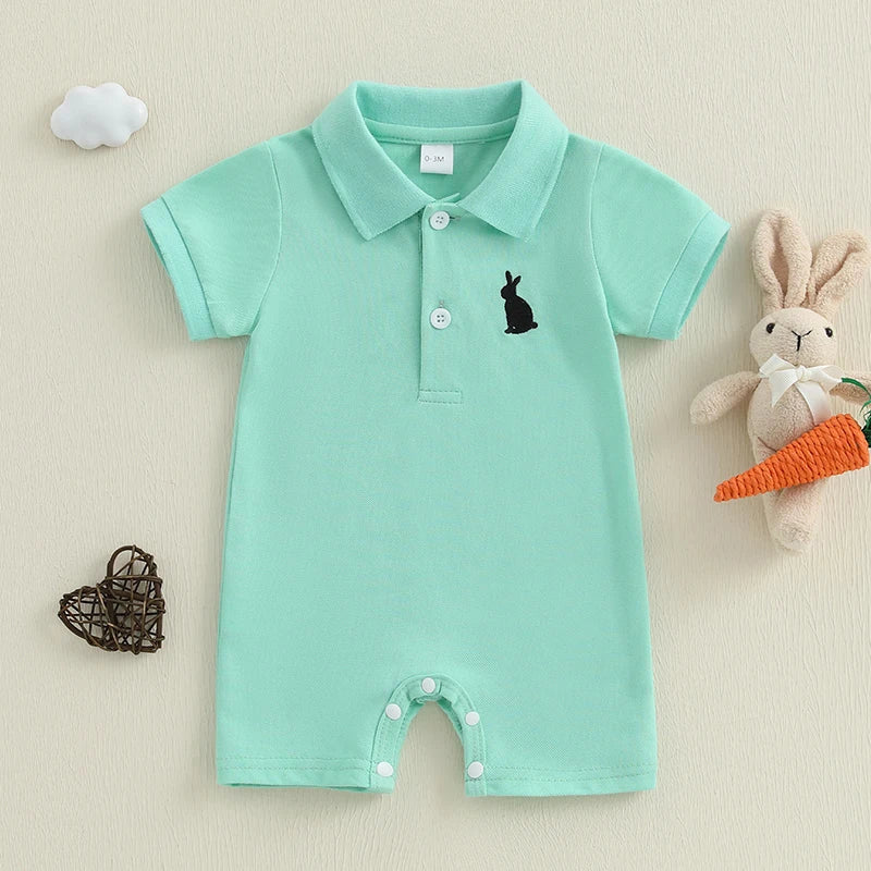 Baby Boy Short Sleeve Romper – Bunny Embroidered (0-18 Months)