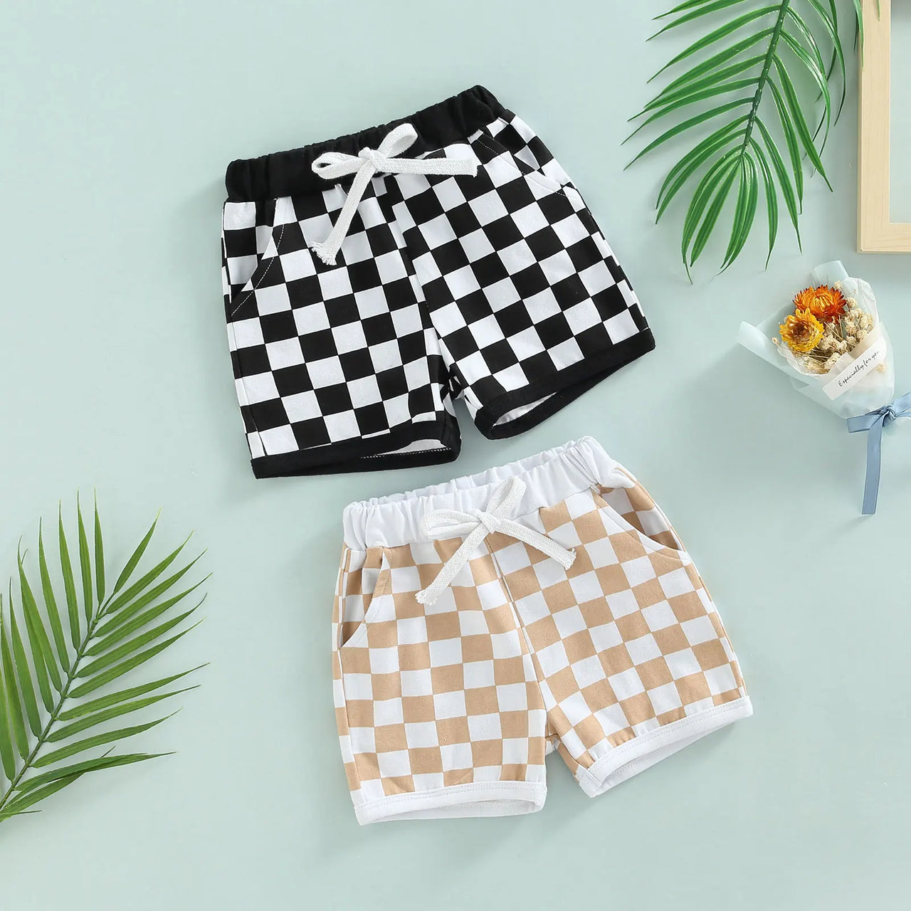 Baby Boy Checkerboard Cotton Shorts | Cotton Drawstring