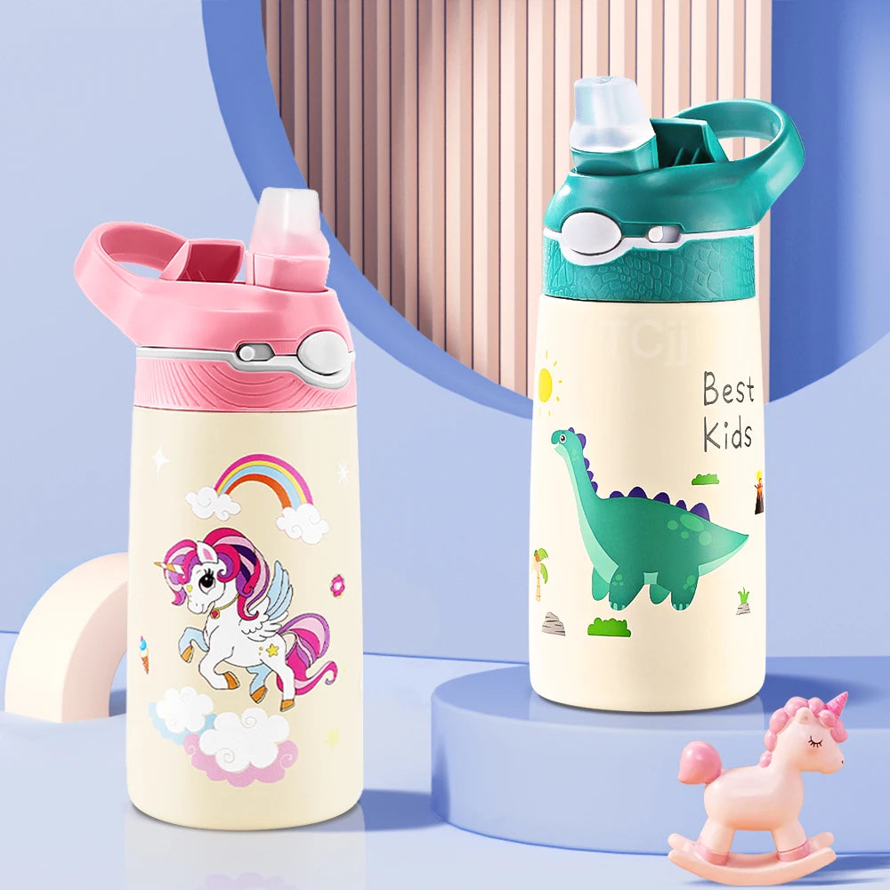 400ML Kids Water Bottle – BPA-Free Cartoon Animal Stainless Steel Thermos with Straw 🐻🎒