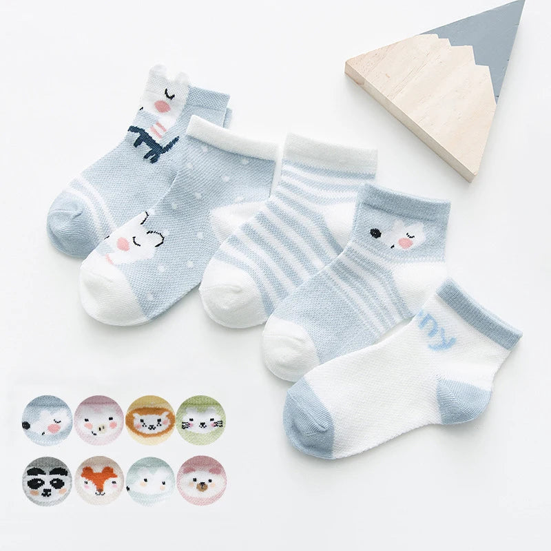 5 Pairs Cotton Baby Socks – Breathable Mesh for 0–2 Years | Unisex & Cartoon Designs