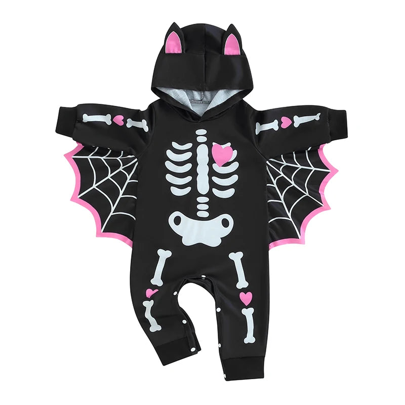 Baby Halloween Bat Costume Romper – Skeleton Cobweb Hooded Jumpsuit with Big Ears 0-24M