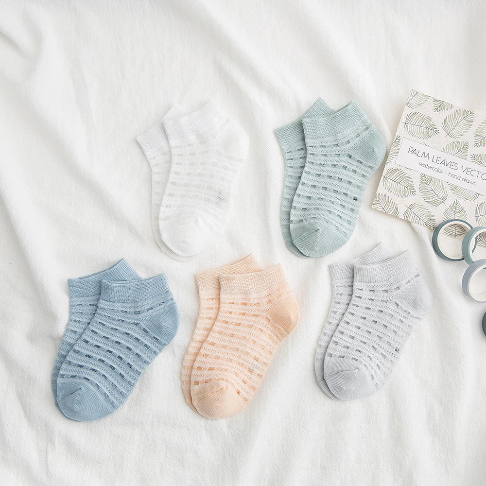 5 Pairs Baby Socks – Summer Cotton Plaid Mesh Socks for Kids (2–9 Years)